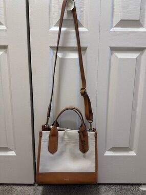 Fossil Kyler Cream and Tan Leather-Trim Crossbody Tote Bag